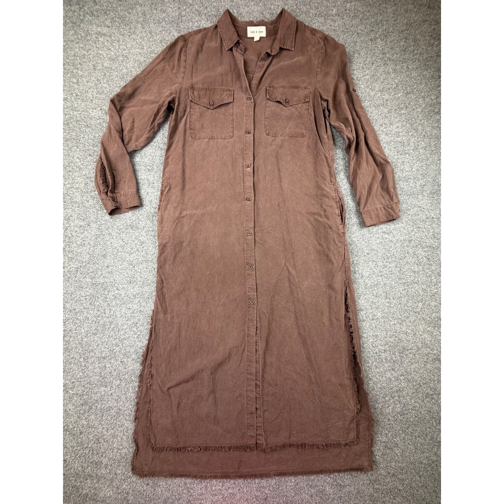 CLOTH & STONE L Long Sleeve Maxi Shirtdress Tensel Brown raw hem Vacation Boho - Picture 2 of 12